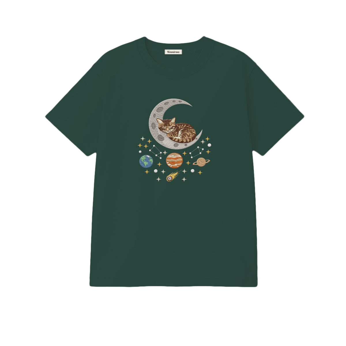 Sleepy Kitten Crescent Moon Galaxy embroidered t-shirt in Forest Green — chest embroidery
