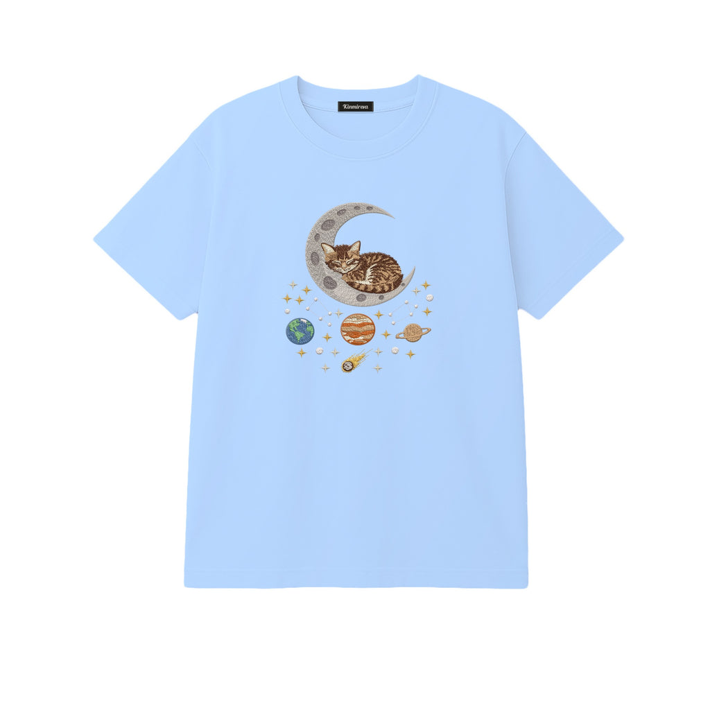 Sleepy Kitten Crescent Moon Galaxy embroidered t-shirt in Light Blue — chest embroidery