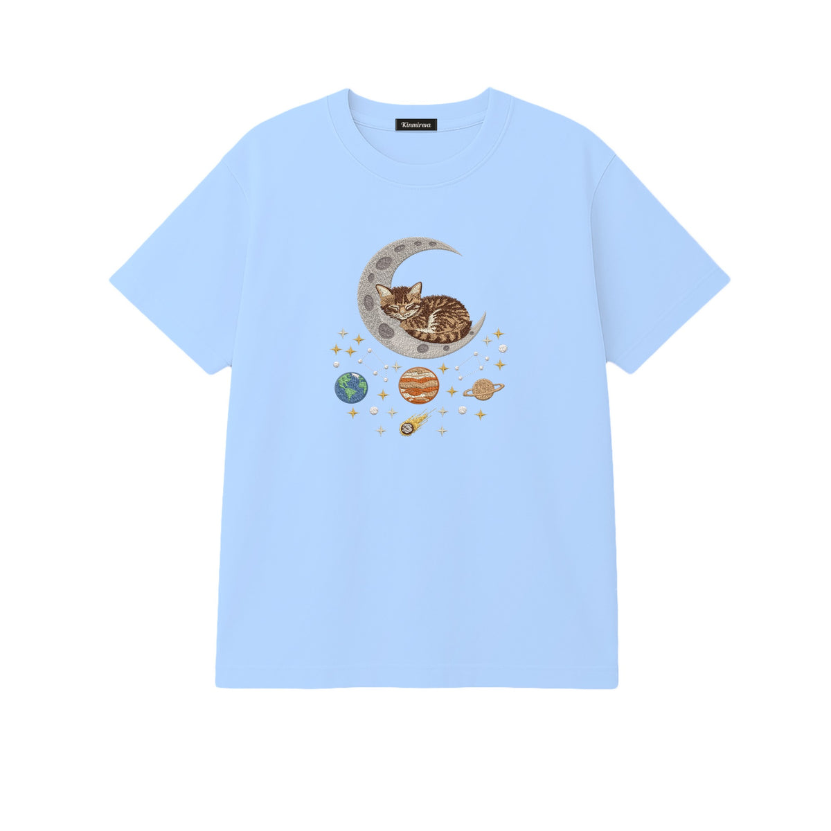 Sleepy Kitten Crescent Moon Galaxy embroidered t-shirt in Light Blue — chest embroidery