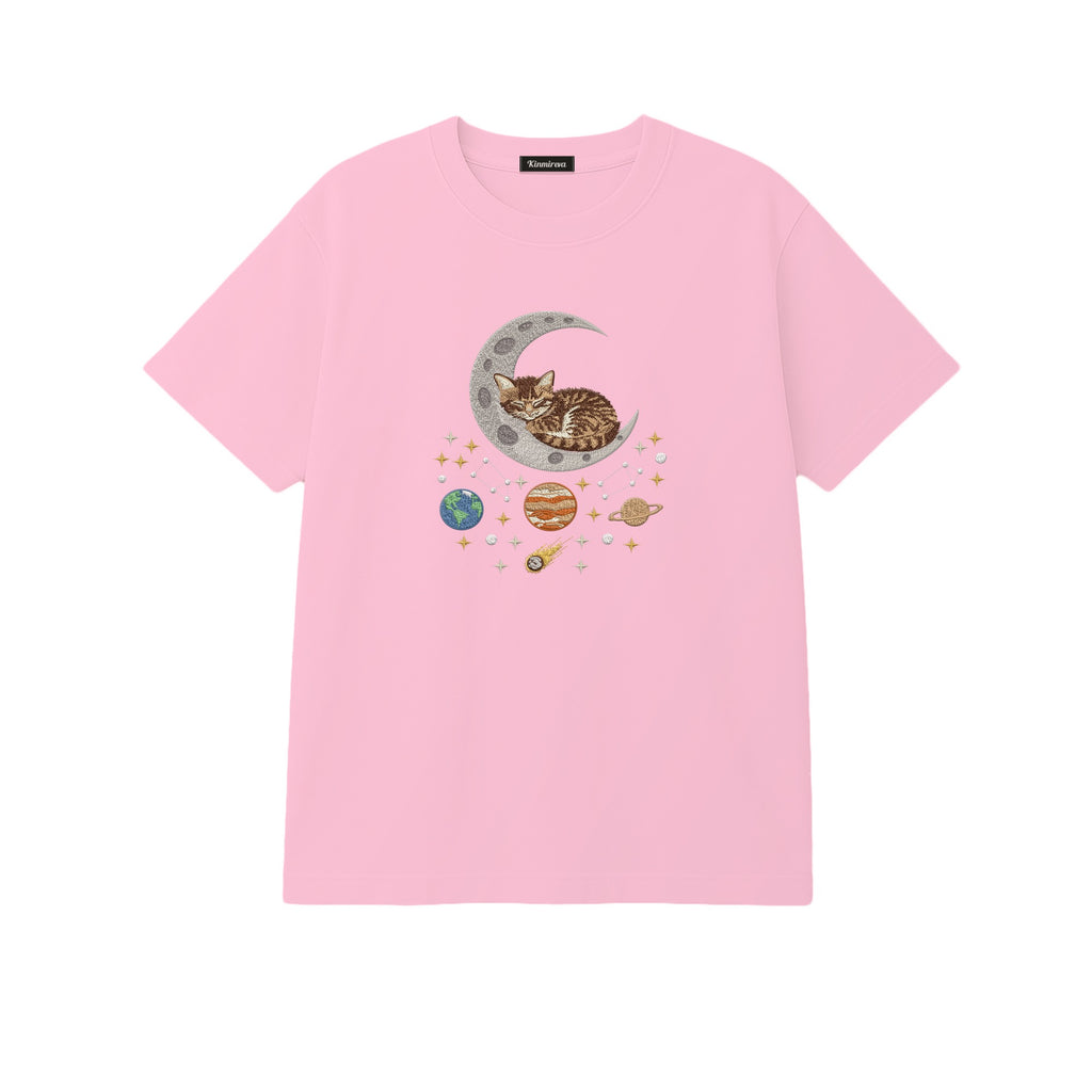 Sleepy Kitten Crescent Moon Galaxy embroidered t-shirt in Light Pink — chest embroidery