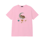Sleepy Kitten Crescent Moon Galaxy embroidered t-shirt in Light Pink — chest embroidery
