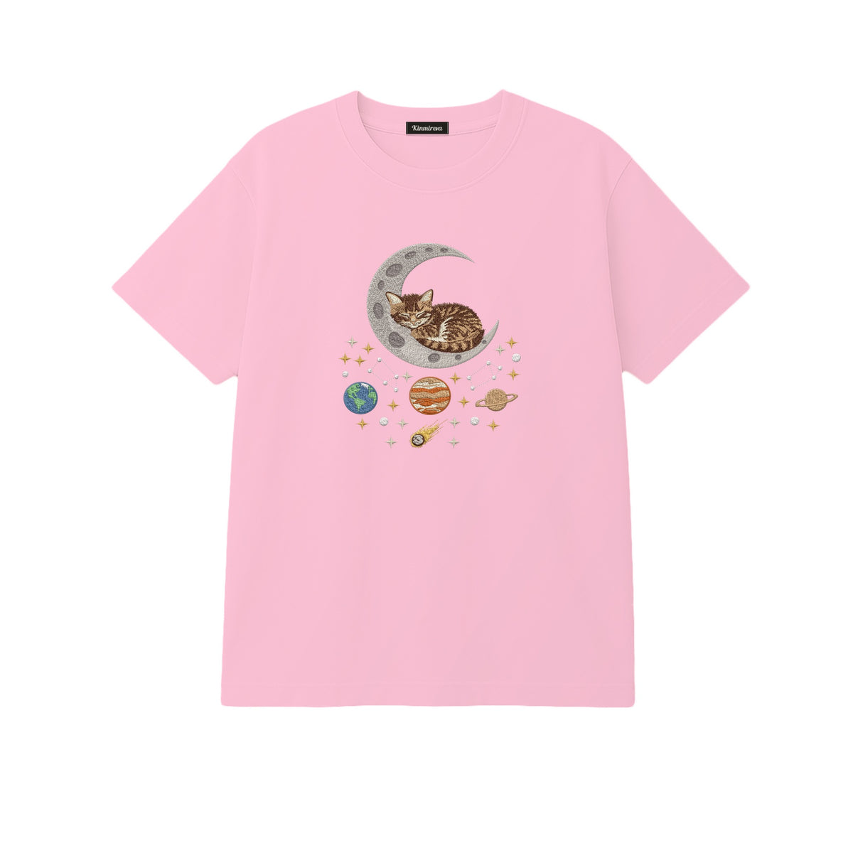 Sleepy Kitten Crescent Moon Galaxy embroidered t-shirt in Light Pink — chest embroidery