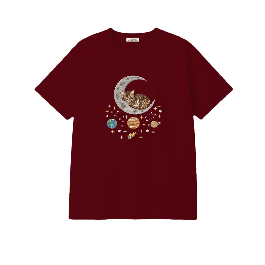 Sleepy Kitten Crescent Moon Galaxy embroidered t-shirt in Marron — chest embroidery