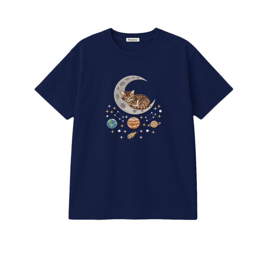 Sleepy Kitten Crescent Moon Galaxy embroidered t-shirt in Navy — chest embroidery