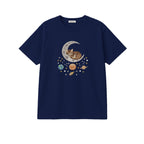 Sleepy Kitten Crescent Moon Galaxy embroidered t-shirt in Navy — chest embroidery