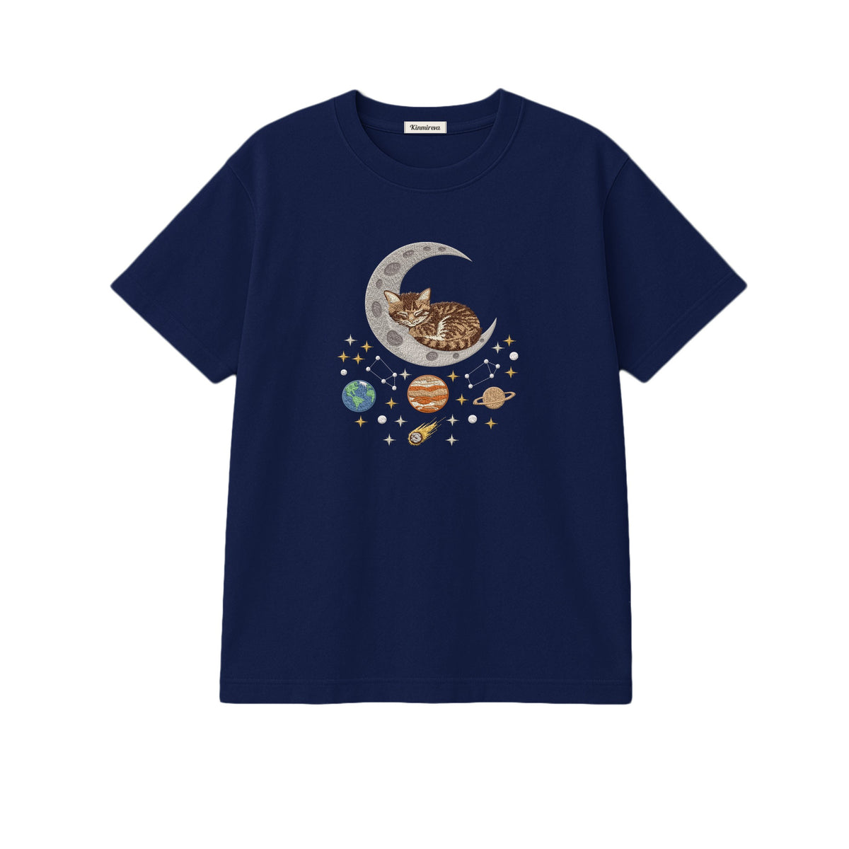 Sleepy Kitten Crescent Moon Galaxy embroidered t-shirt in Navy — chest embroidery