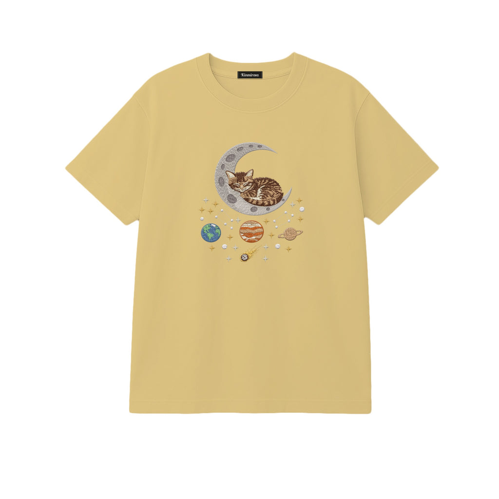 Sleepy Kitten Crescent Moon Galaxy embroidered t-shirt in Sand — chest embroidery