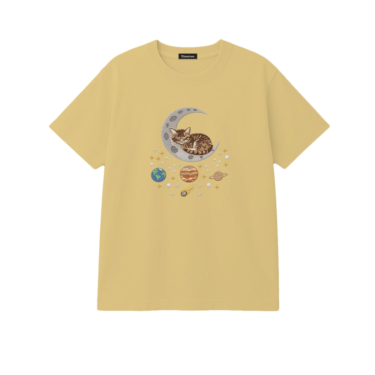 Sleepy Kitten Crescent Moon Galaxy embroidered t-shirt in Sand — chest embroidery
