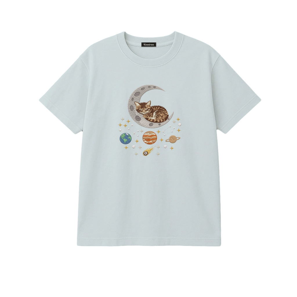 Sleepy Kitten Crescent Moon Galaxy embroidered t-shirt in Sports Grey — chest embroidery