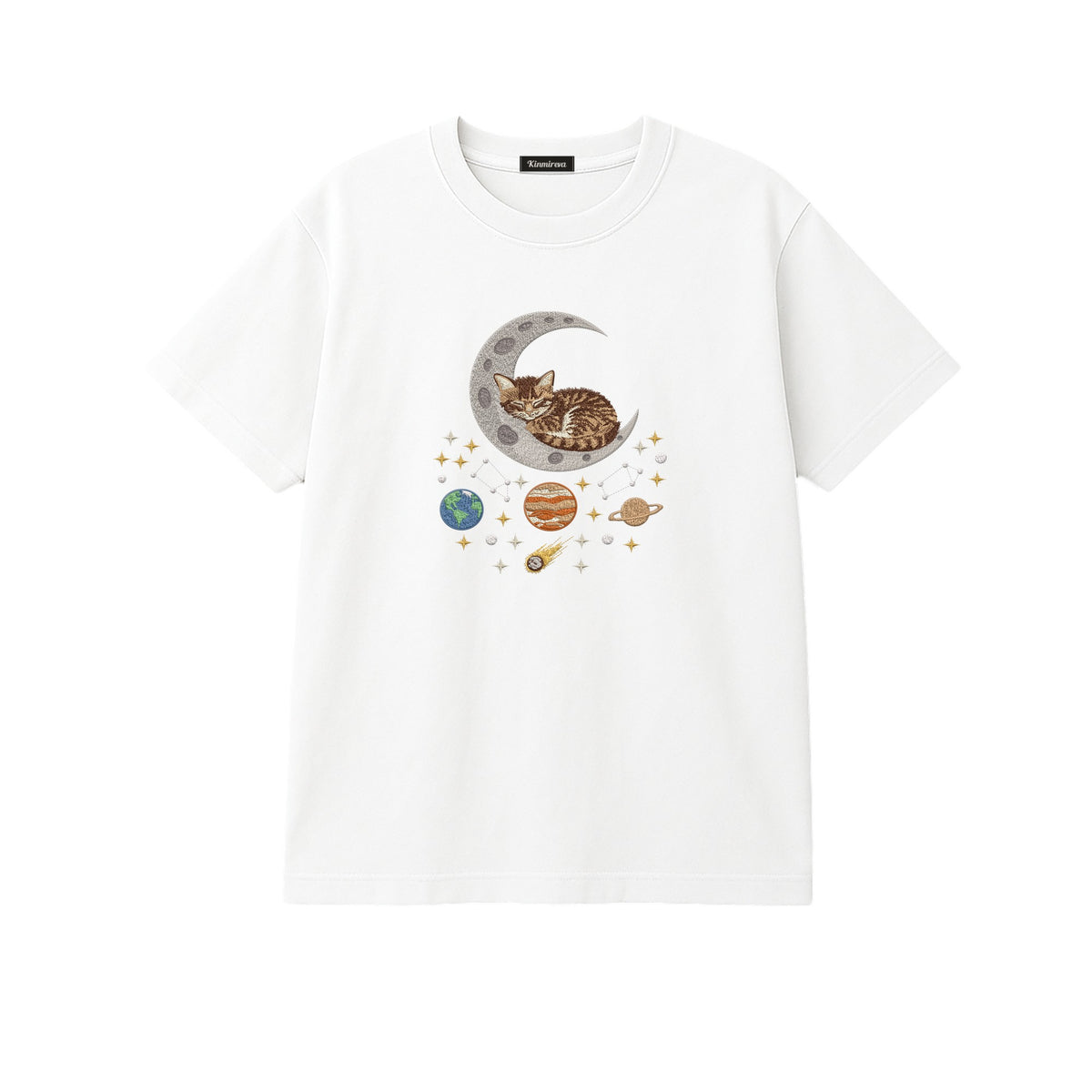 Sleepy Kitten Crescent Moon Galaxy embroidered t-shirt in White — chest embroidery