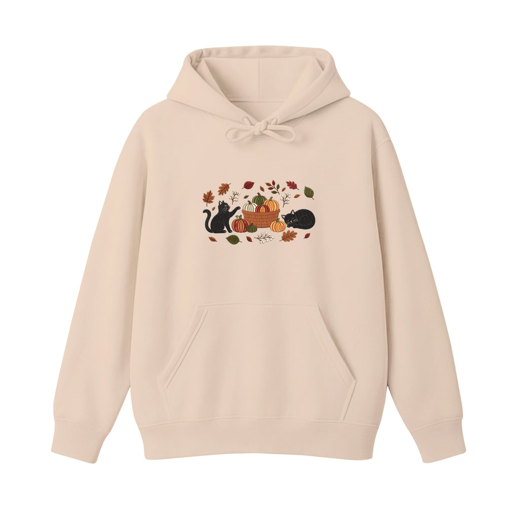 Black Cats Pumpkin Harvest Basket embroidered hoodie in Beige — chest embroidery