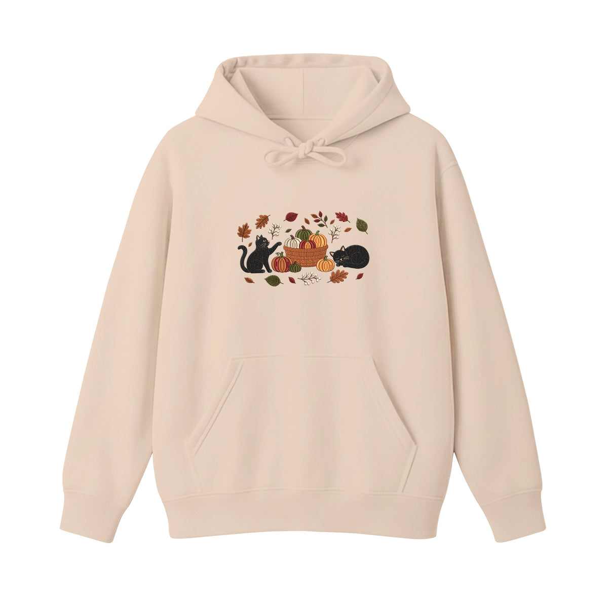 Black Cats Pumpkin Harvest Basket embroidered hoodie in Beige — chest embroidery