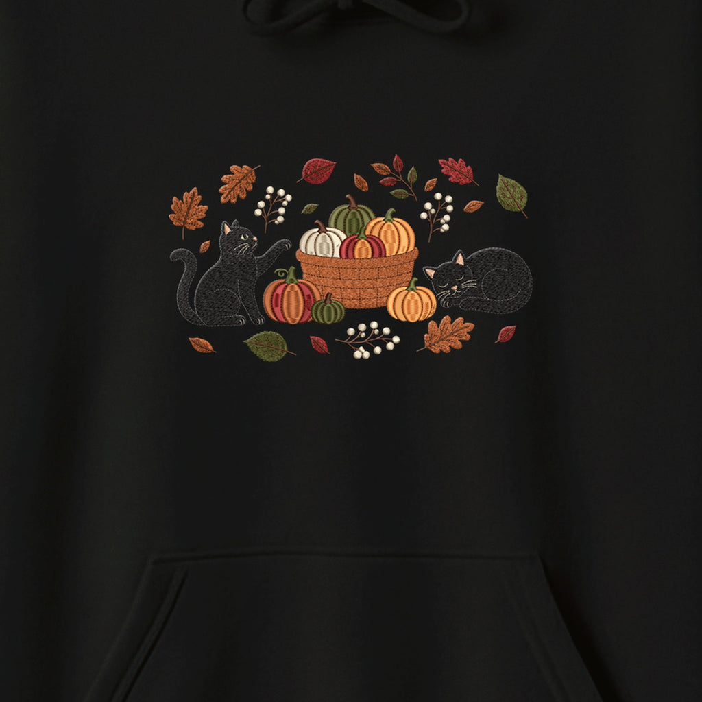 Black Cats Pumpkin Harvest Basket embroidered hoodie — chest embroidery