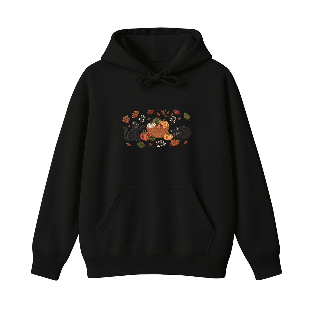 Black Cats Pumpkin Harvest Basket embroidered hoodie in Black — front view