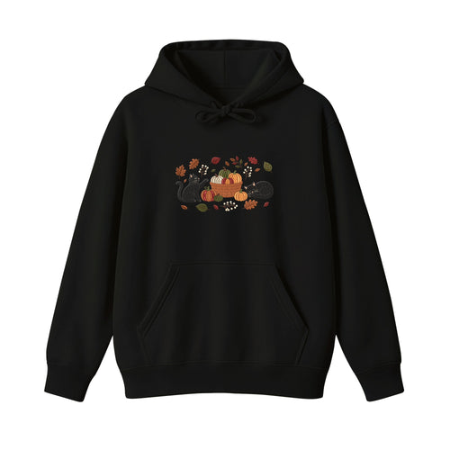 Black Cats Pumpkin Harvest Basket embroidered hoodie in Black — front view