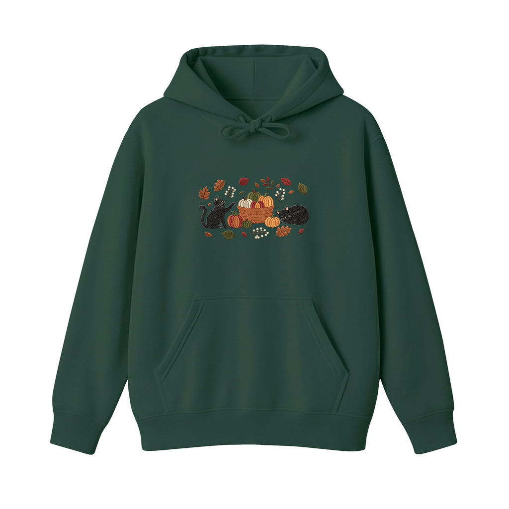 Black Cats Pumpkin Harvest Basket embroidered hoodie in Forest Green — chest embroidery