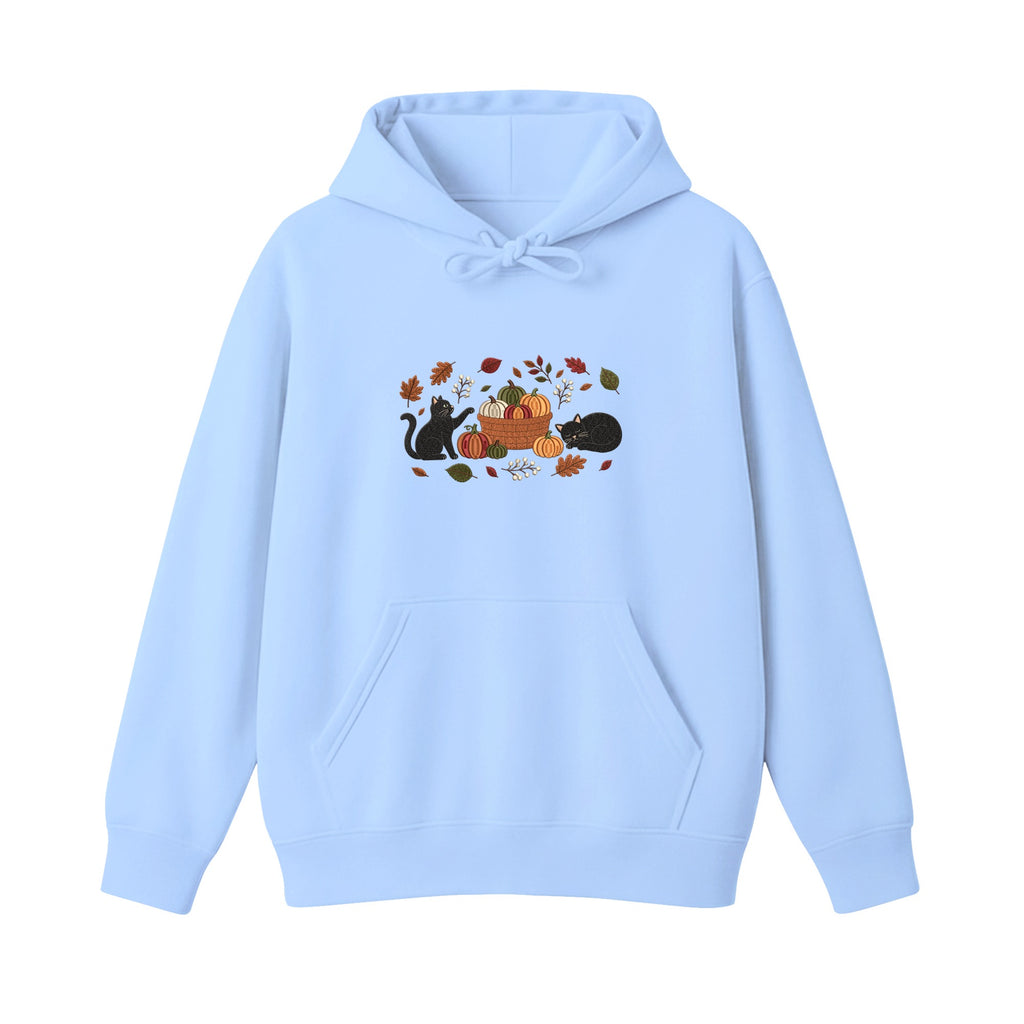 Black Cats Pumpkin Harvest Basket embroidered hoodie in Light Blue — chest embroidery
