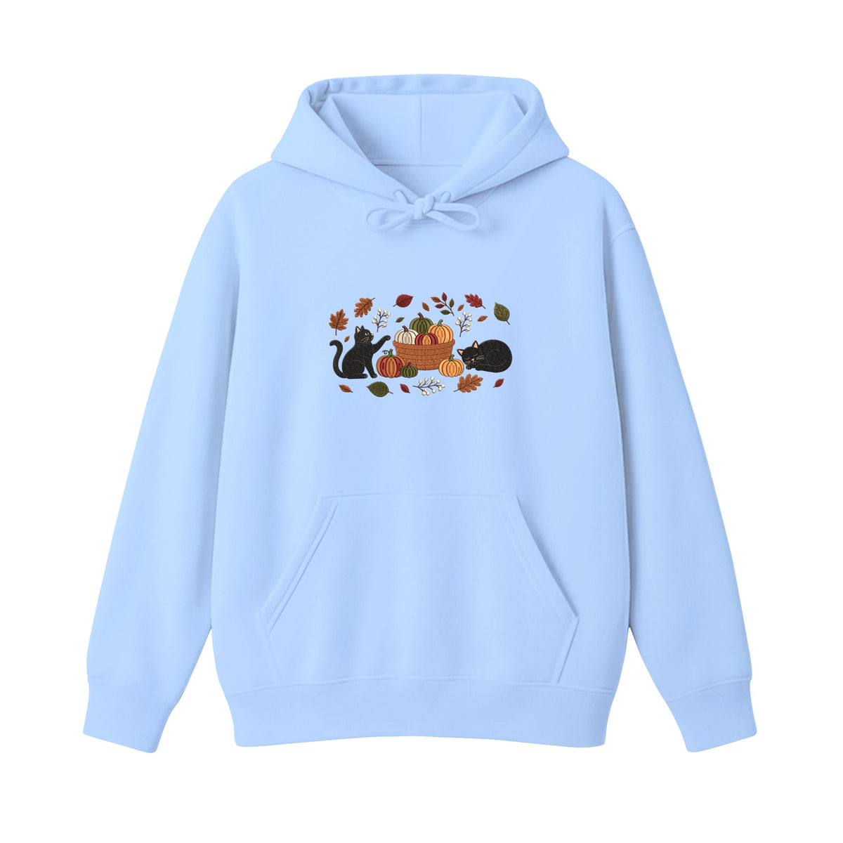 Black Cats Pumpkin Harvest Basket embroidered hoodie in Light Blue — chest embroidery