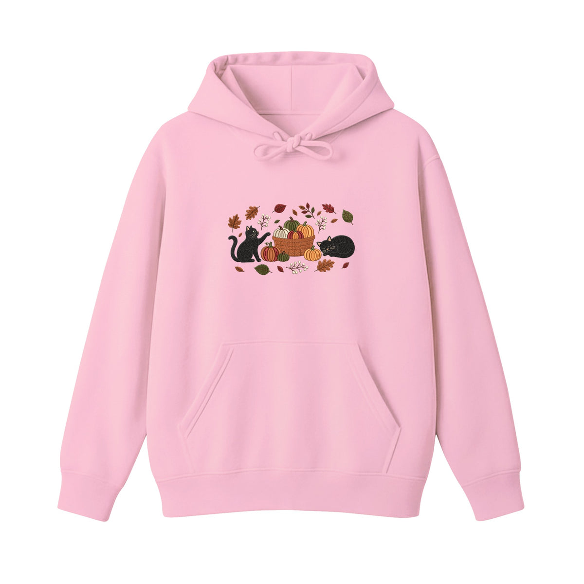 Black Cats Pumpkin Harvest Basket embroidered hoodie in Light Pink — chest embroidery