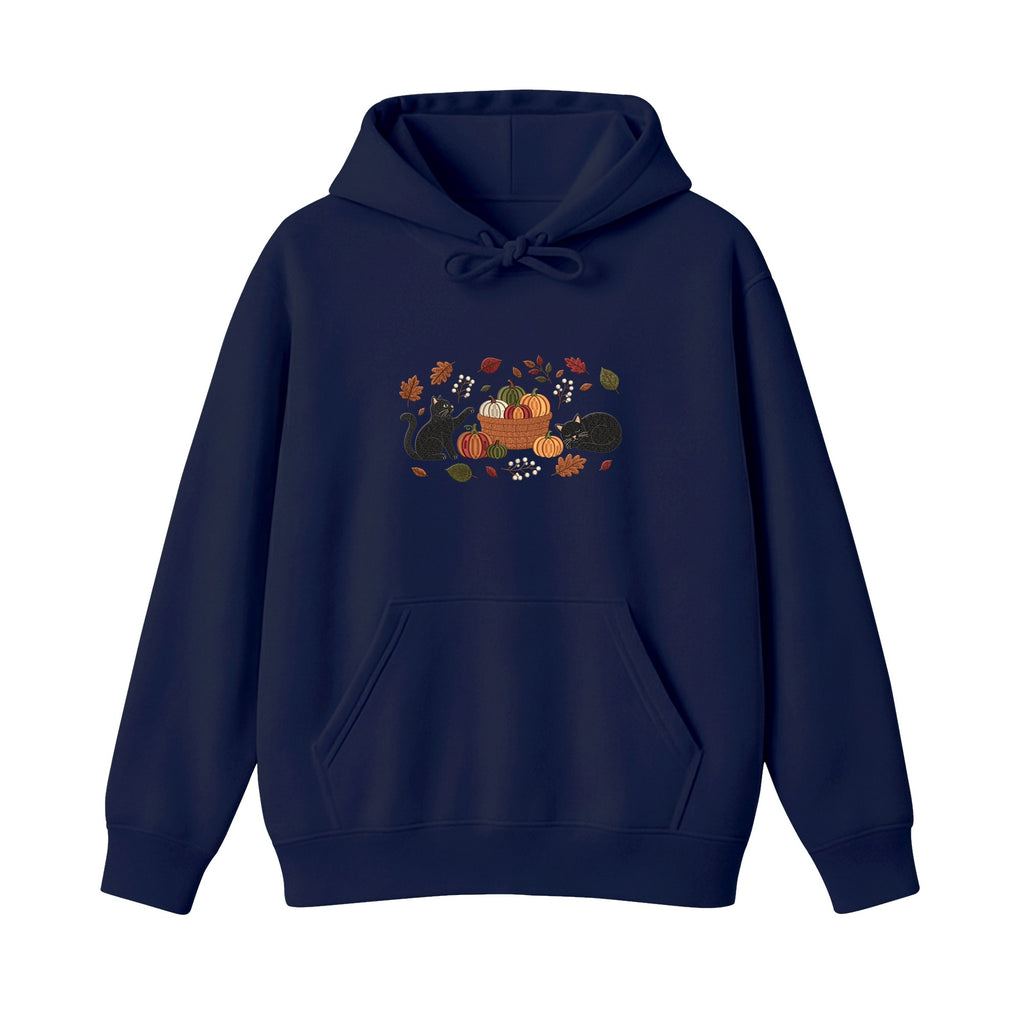 Black Cats Pumpkin Harvest Basket embroidered hoodie in Navy — chest embroidery