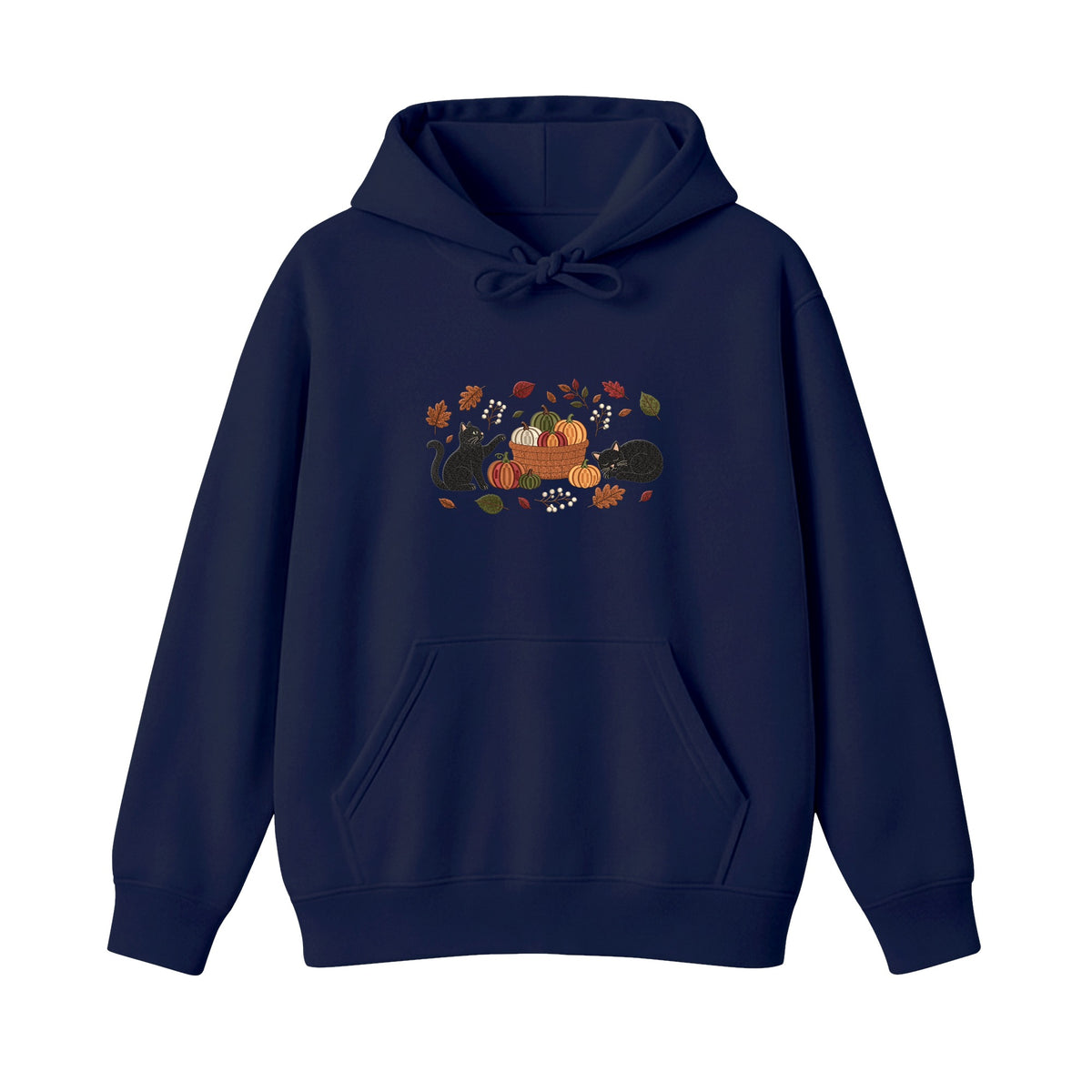 Black Cats Pumpkin Harvest Basket embroidered hoodie in Navy — chest embroidery