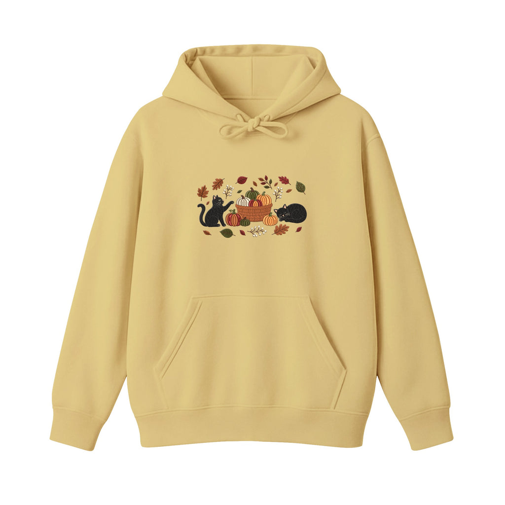 Black Cats Pumpkin Harvest Basket embroidered hoodie in Sand — chest embroidery