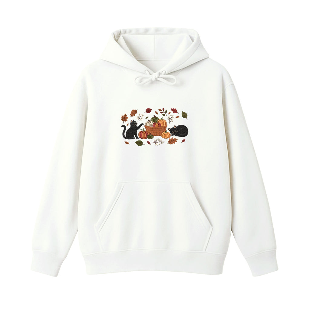 Black Cats Pumpkin Harvest Basket embroidered hoodie in White — chest embroidery