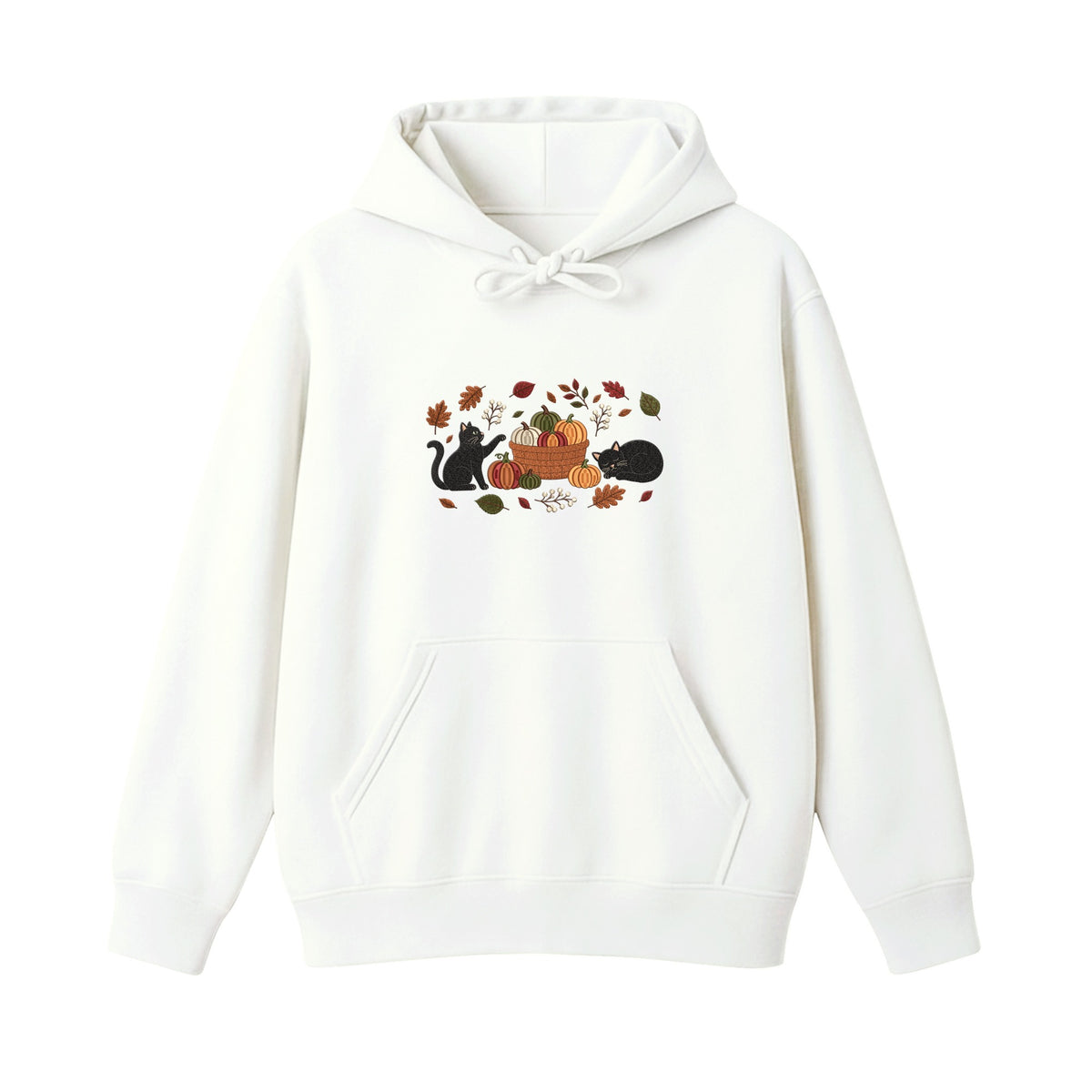 Black Cats Pumpkin Harvest Basket embroidered hoodie in White — chest embroidery