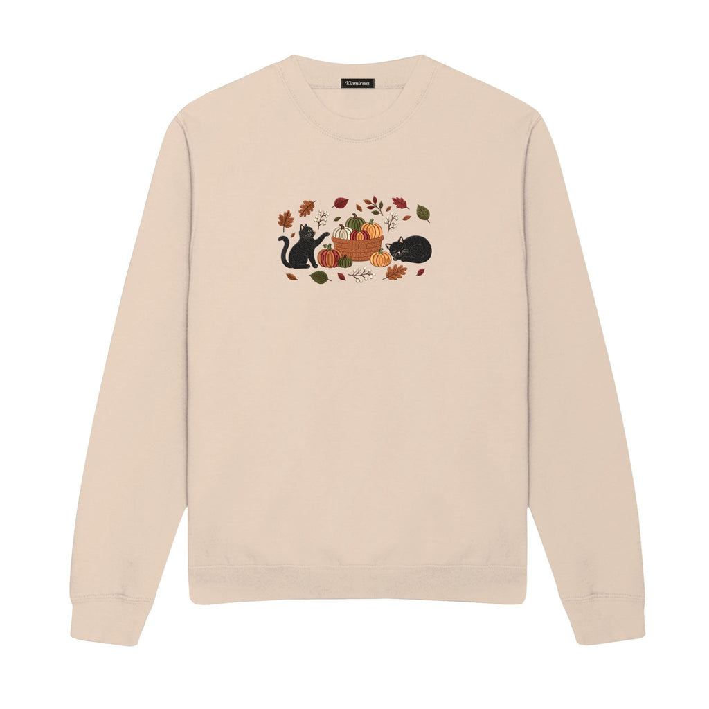 Black Cats Pumpkin Harvest Basket embroidered sweatshirt in Beige — chest embroidery