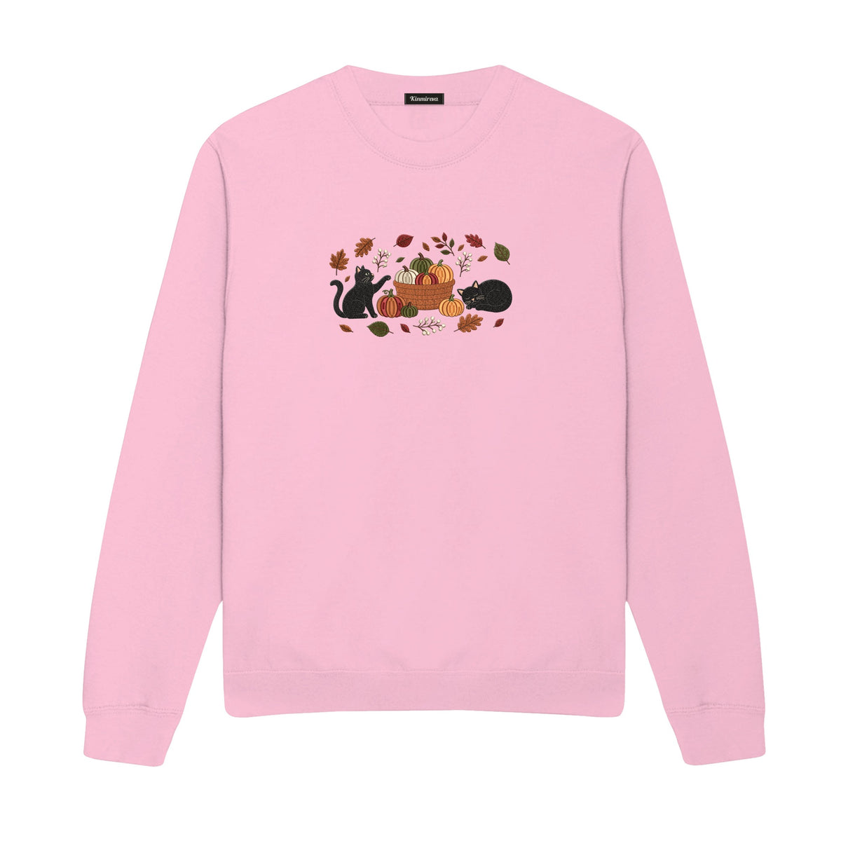 Black Cats Pumpkin Harvest Basket embroidered sweatshirt in Light Pink — chest embroidery