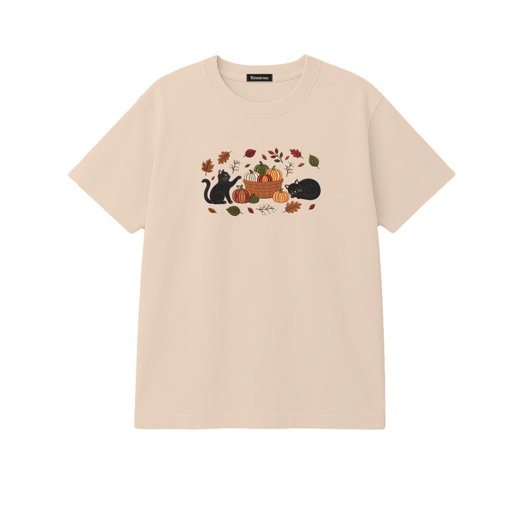 Black Cats Pumpkin Harvest Basket embroidered t-shirt in Beige — chest embroidery
