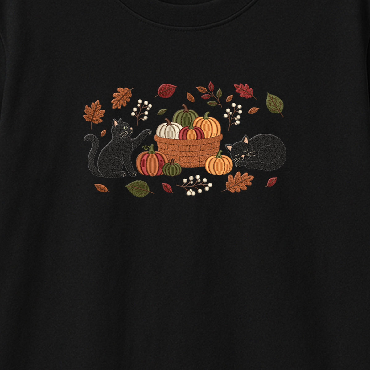 Black Cats Pumpkin Harvest Basket embroidered t-shirt — chest embroidery