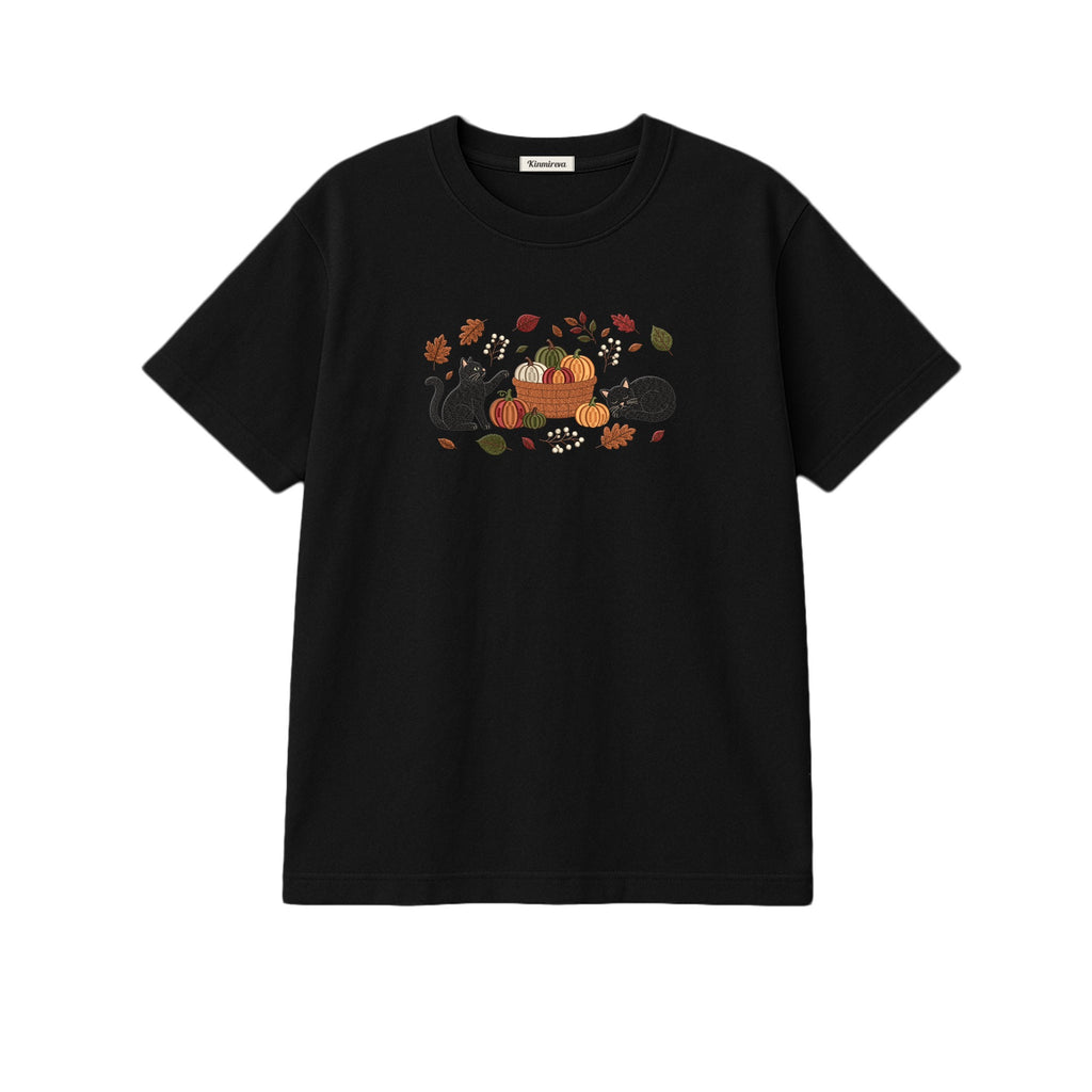 Black Cats Pumpkin Harvest Basket embroidered t-shirt in Black — front view