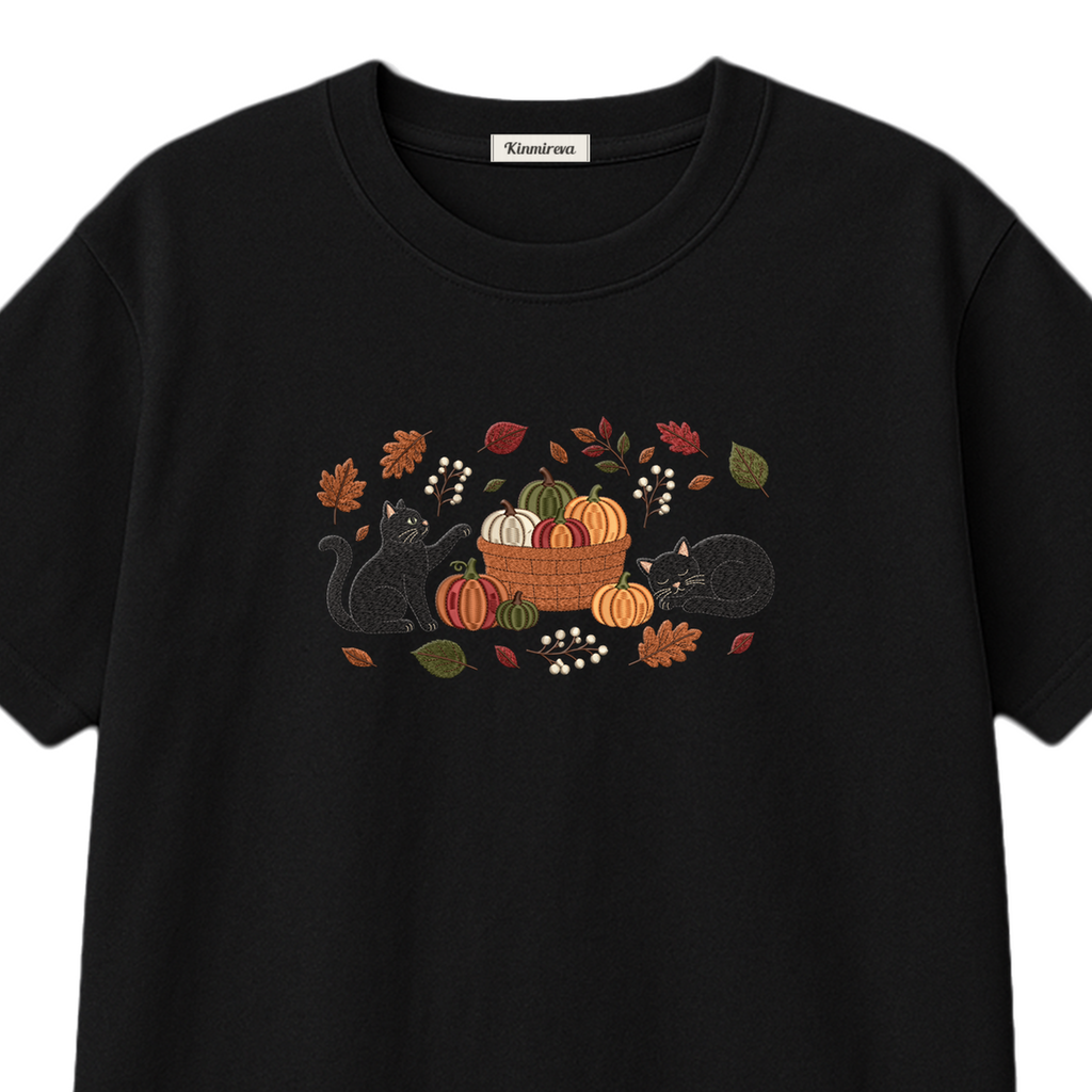 Black Cats Pumpkin Harvest Basket embroidered t-shirt — chest embroidery