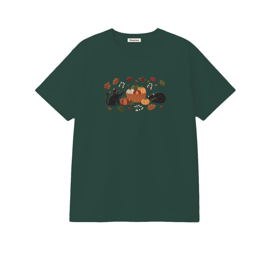 Black Cats Pumpkin Harvest Basket embroidered t-shirt in Forest Green — chest embroidery
