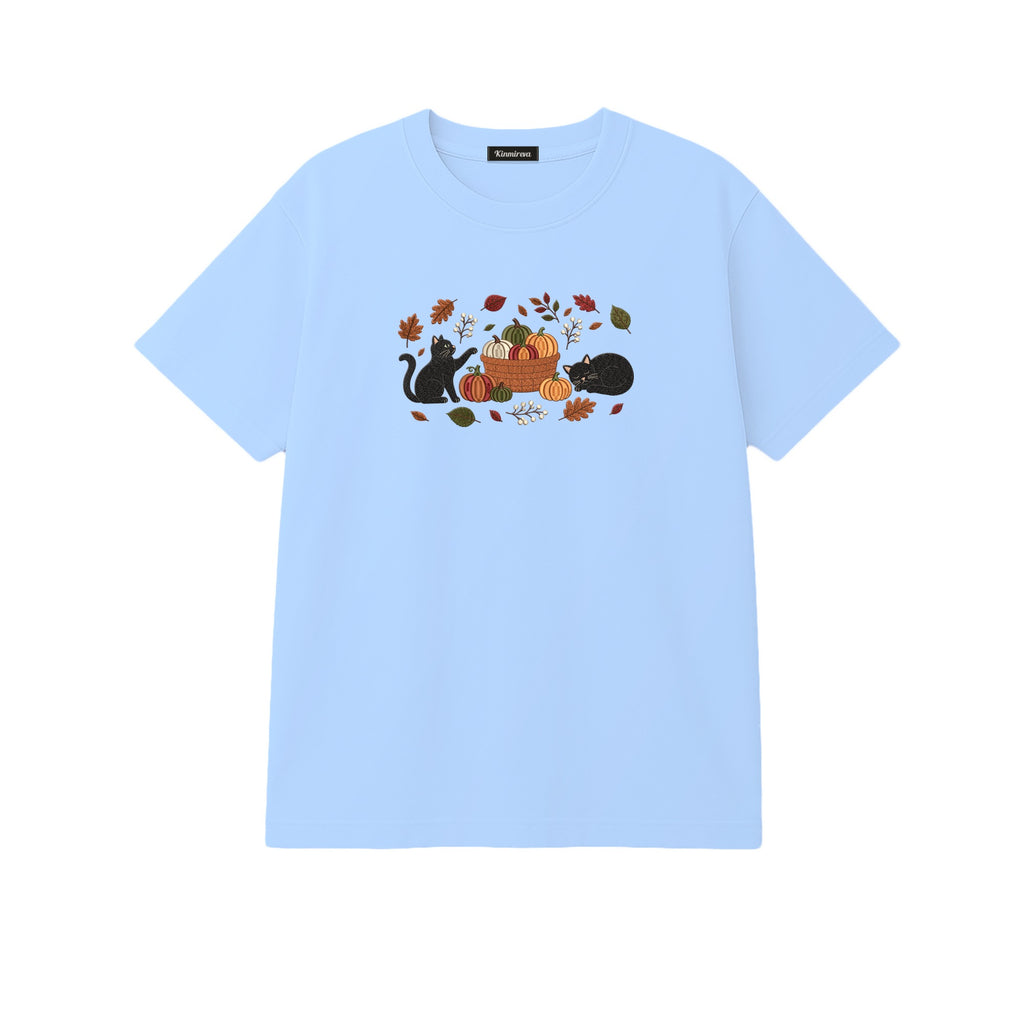 Black Cats Pumpkin Harvest Basket embroidered t-shirt in Light Blue — chest embroidery