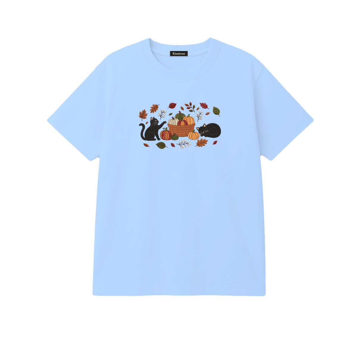Black Cats Pumpkin Harvest Basket embroidered t-shirt in Light Blue — chest embroidery