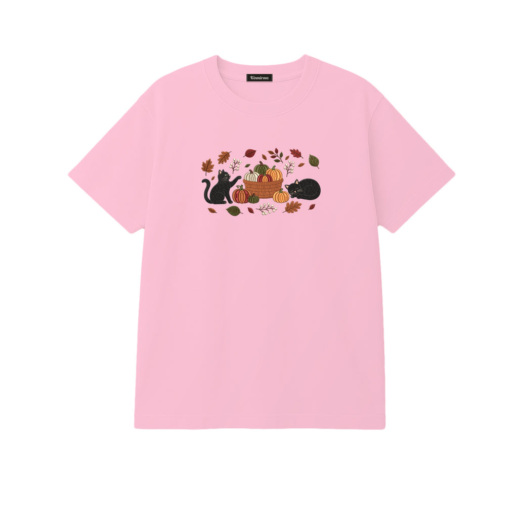 Black Cats Pumpkin Harvest Basket embroidered t-shirt in Light Pink — chest embroidery
