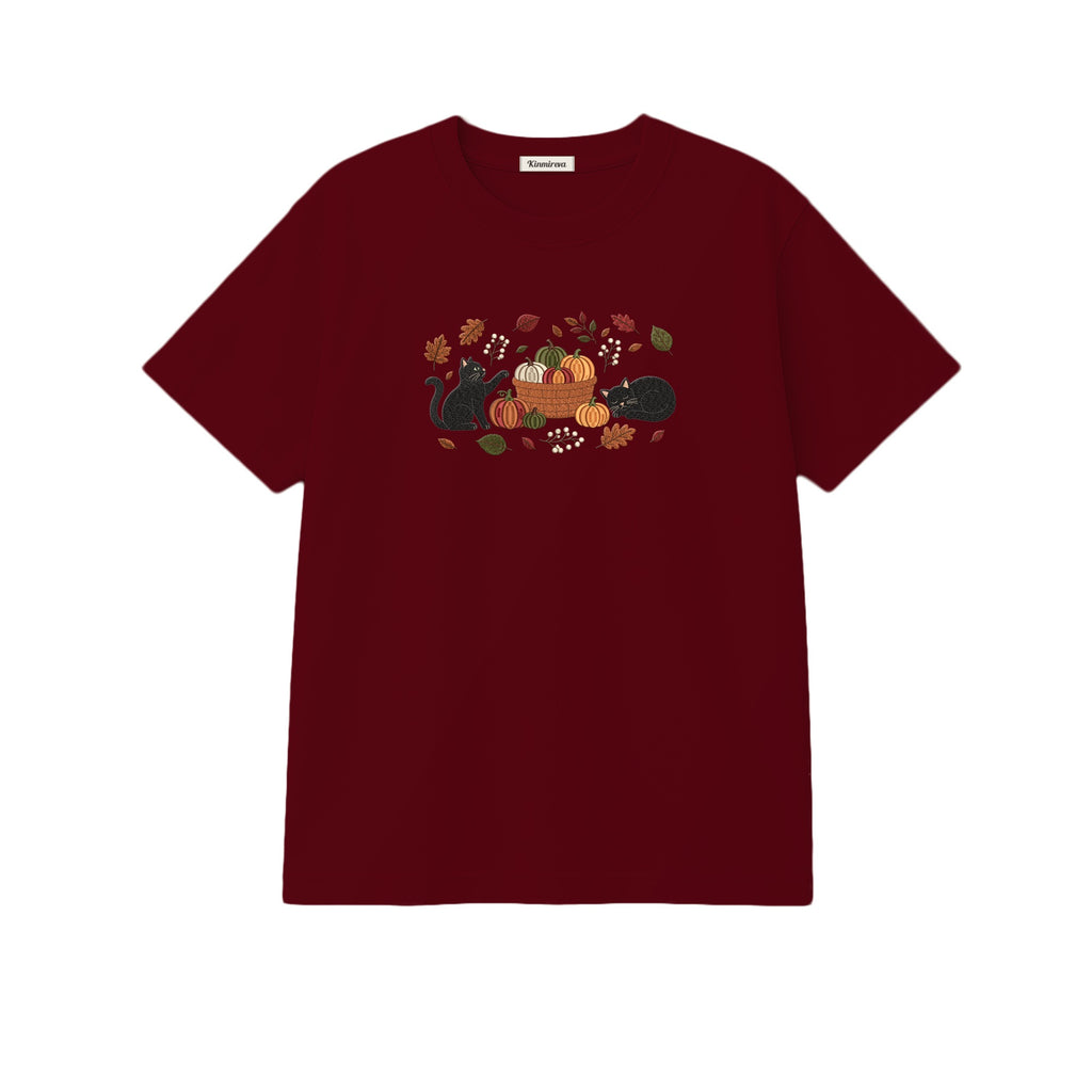 Black Cats Pumpkin Harvest Basket embroidered t-shirt in Marron — chest embroidery