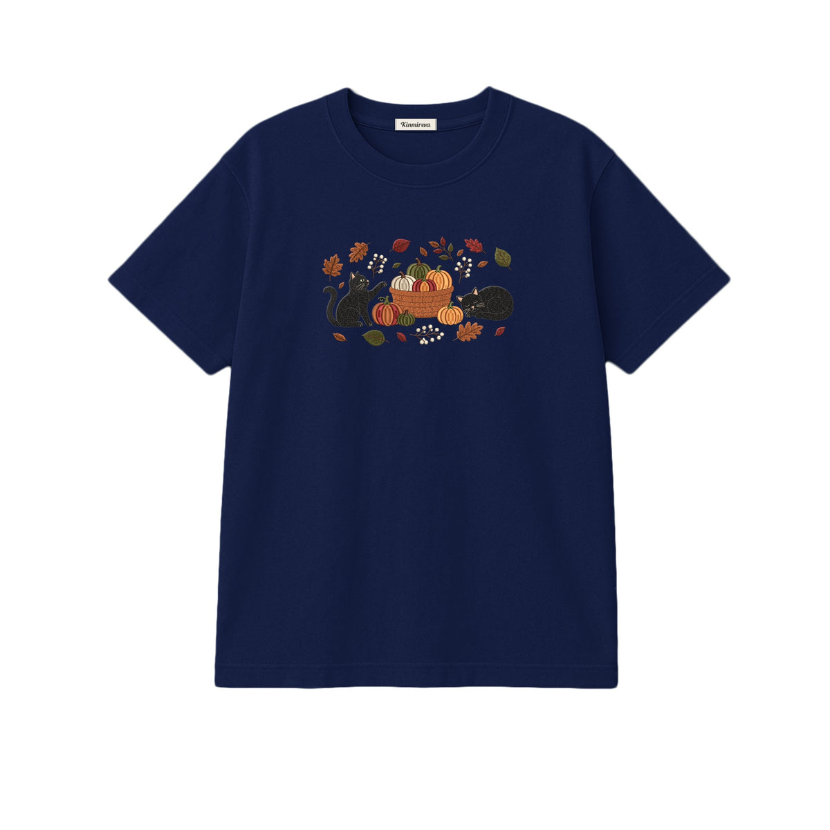 Black Cats Pumpkin Harvest Basket embroidered t-shirt in Navy — chest embroidery