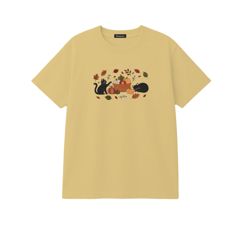 Black Cats Pumpkin Harvest Basket embroidered t-shirt in Sand — chest embroidery