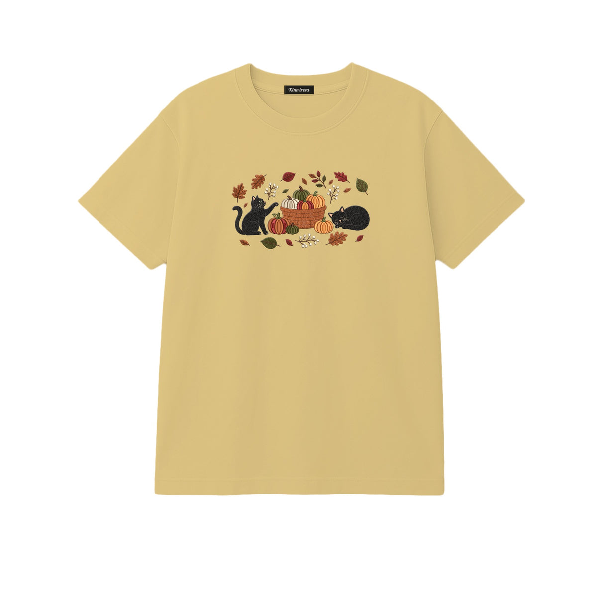 Black Cats Pumpkin Harvest Basket embroidered t-shirt in Sand — chest embroidery