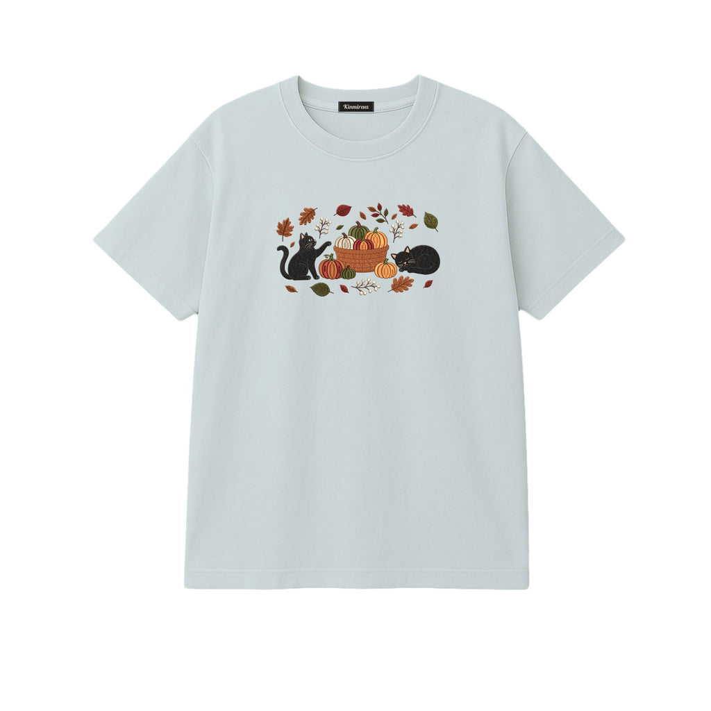 Black Cats Pumpkin Harvest Basket embroidered t-shirt in Sports Grey — chest embroidery