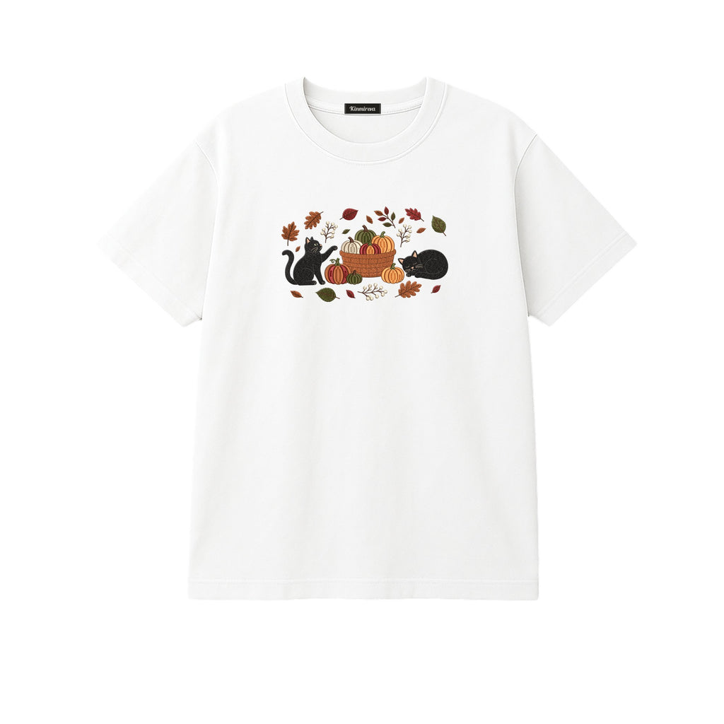 Black Cats Pumpkin Harvest Basket embroidered t-shirt in White — chest embroidery