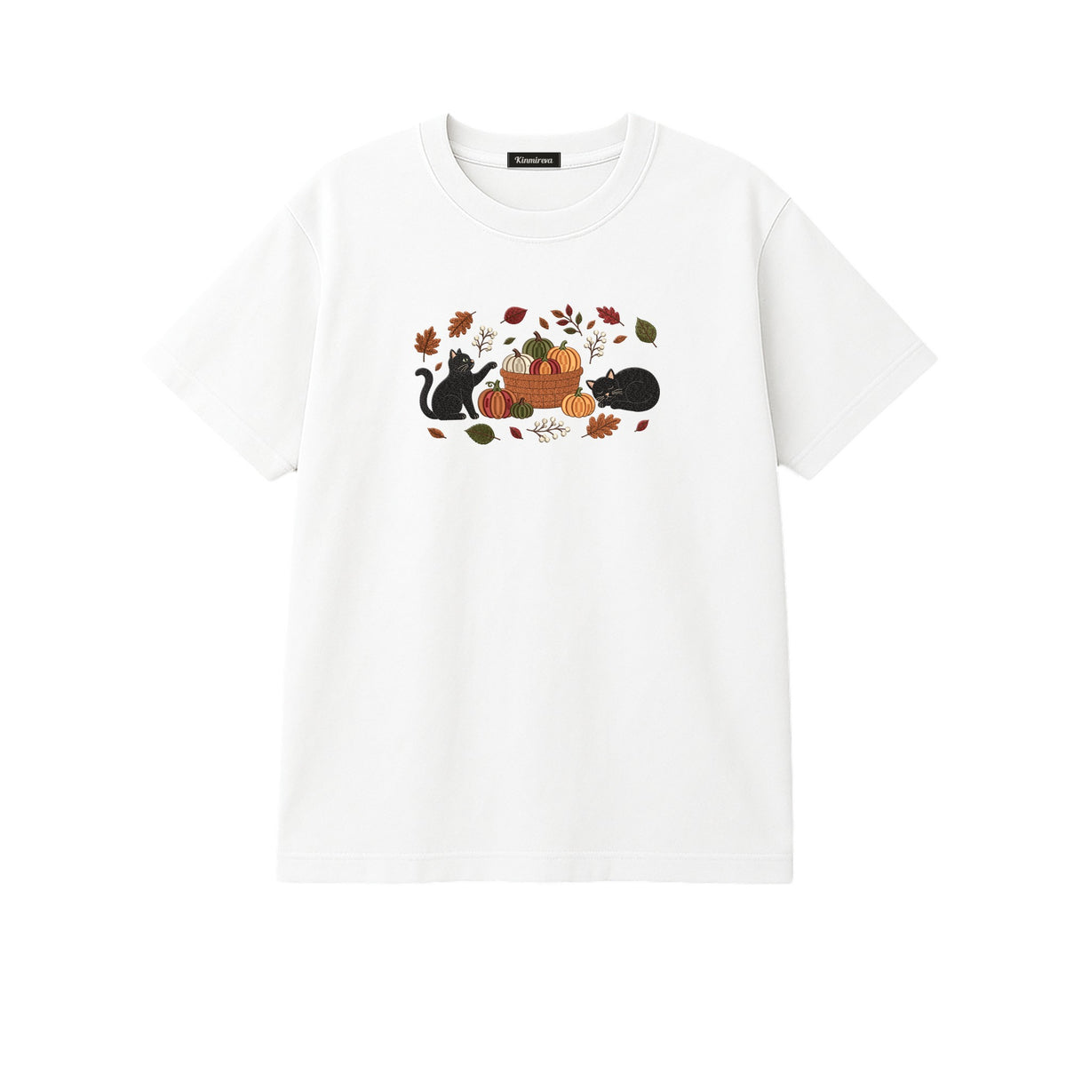Black Cats Pumpkin Harvest Basket embroidered t-shirt in White — chest embroidery