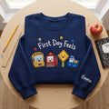 First Day Feels School Bus Fire Truck Custom Name embroidered sweatshirt — front view