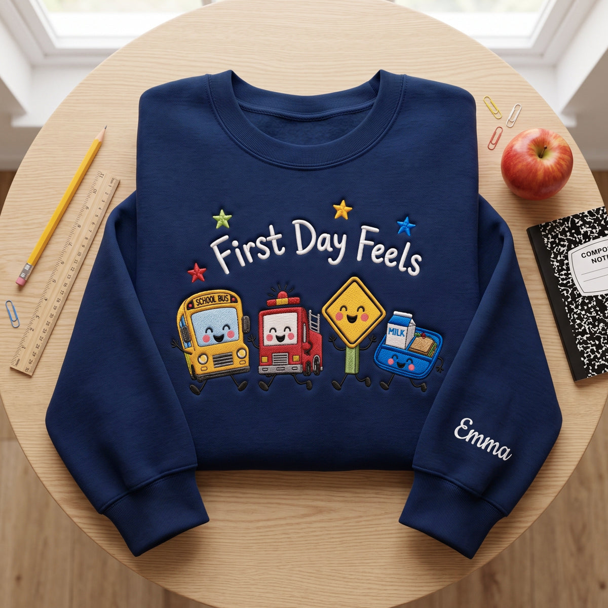First Day Feels School Bus Fire Truck Custom Name embroidered sweatshirt — front view