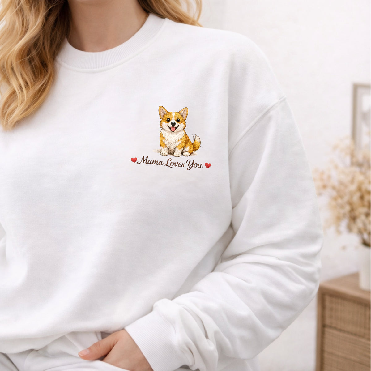 Custom Pet Name Corgi Mama embroidered sweatshirt — front view