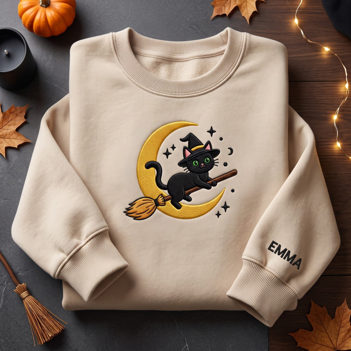 Witch Cat Riding Broom Crescent Moon Custom Name embroidered sweatshirt — front view