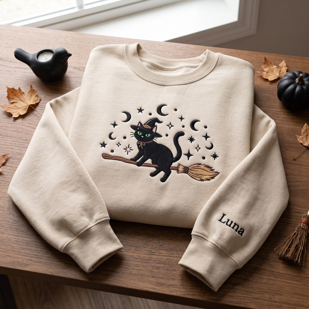 Black Cat Broomstick Moon Custom Name embroidered sweatshirt — front view